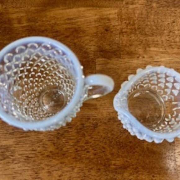 Vintage White Opalescent Hobnail Cream and Sugar Set Fenton Style Pedestal Base - Picture 3 of 5